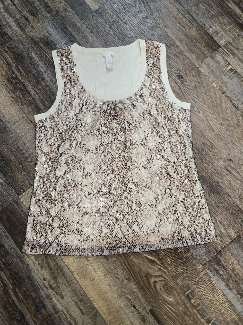 Chico's Sequin Scoop Tank in Cream and Gold-Tone